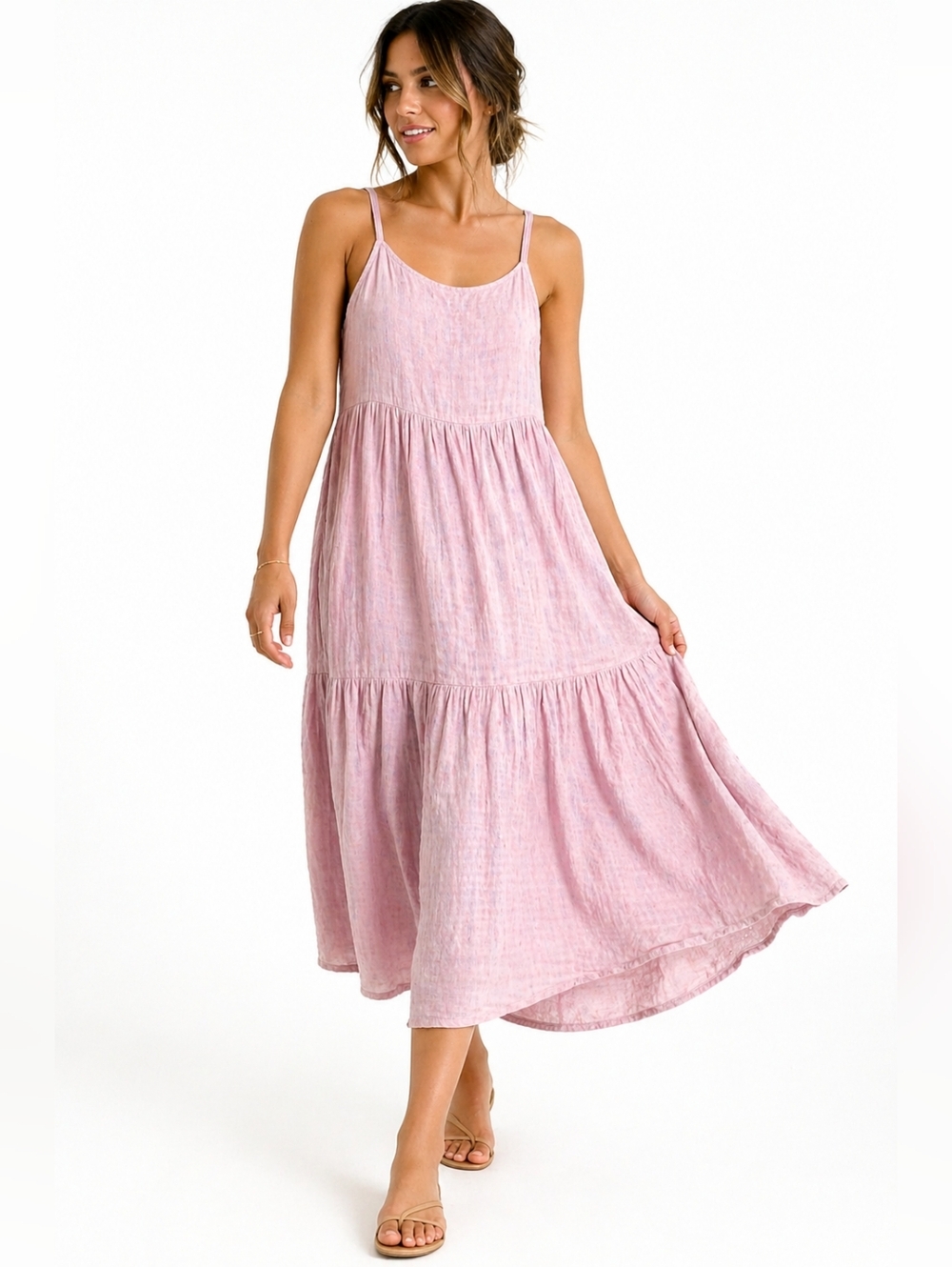 Bella Dahl Blush Pink Linen Blend Tiered Midi Dress Adjustable Straps Made USA